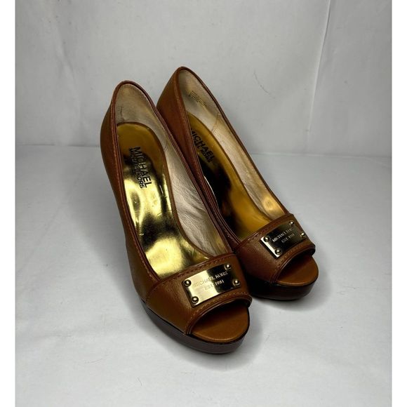 Michael Kors Camel Leather Fulton Peep Toe Platform Pumps Heels - Picture 1 of 10